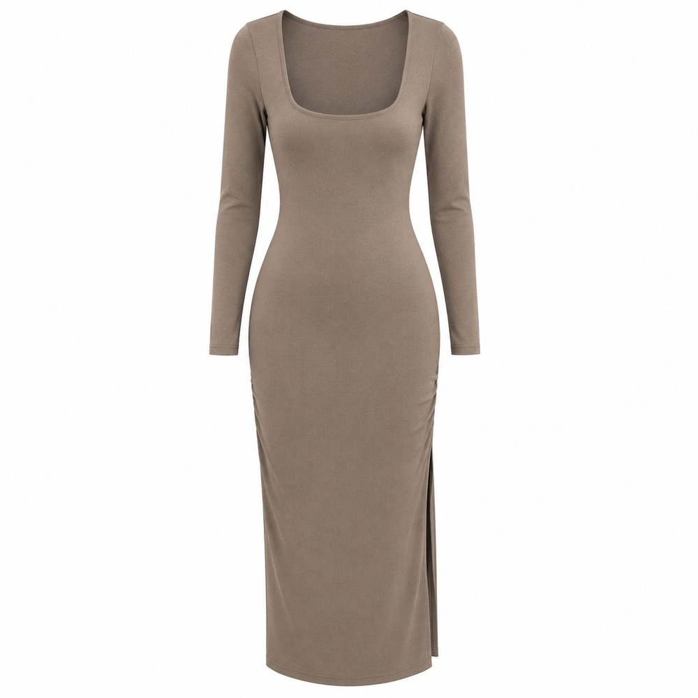Form Fitting Taupe Ribbed Maxi Dress Bodycon Slim Fit Size Large